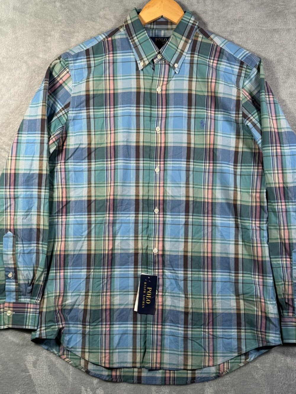 Polo Ralph Lauren Button Down Shirt Mens L Blue Plaid Long Sleeve Sport $130